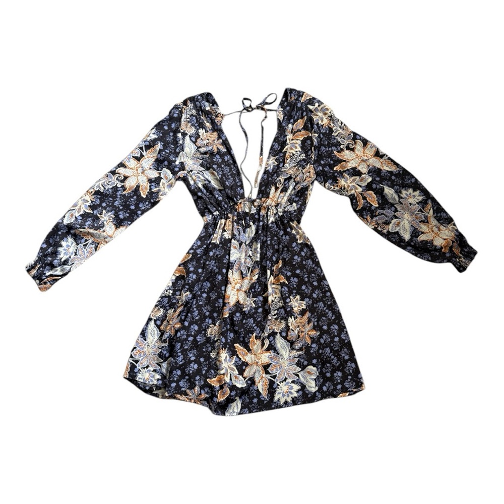 Free People Soli Plunge Neck Long Sleeve Floral Mini Dress XS
